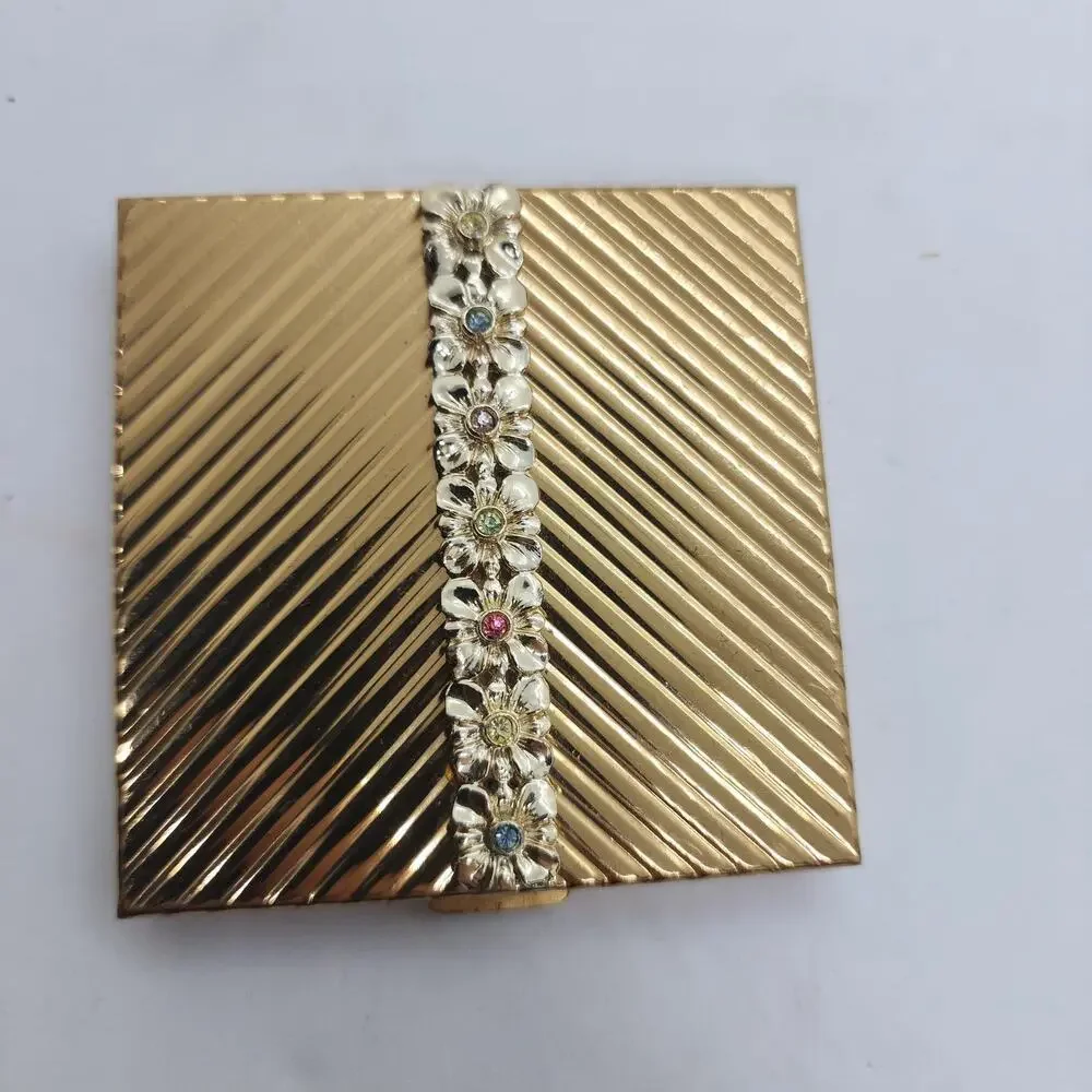 Vintage Volupte Powder Compact Gold Tone Floral Rhinestone Mirror Vanity USA